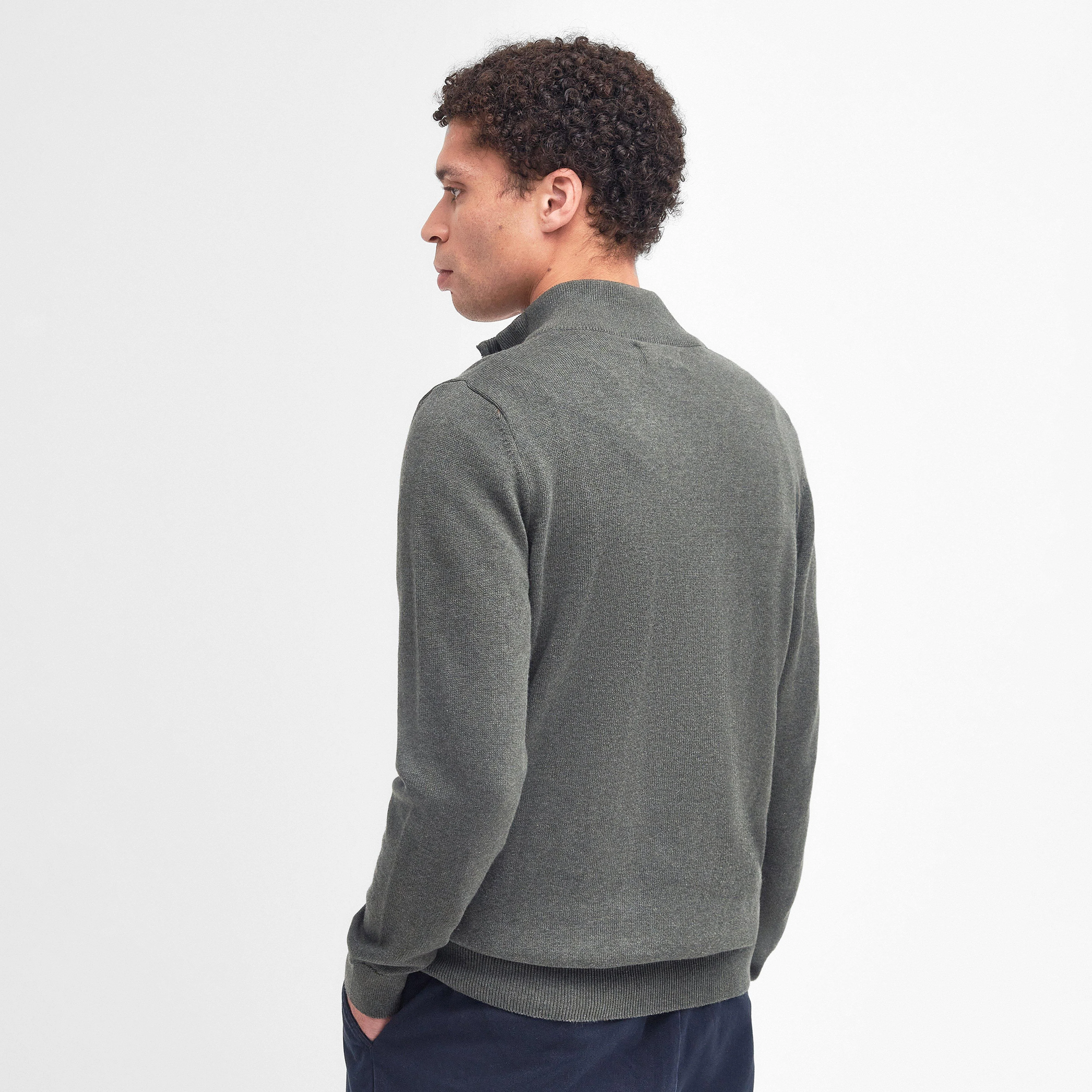 Mens Cotton Half Zip Knitted Jumper Olive Marl - Image 2
