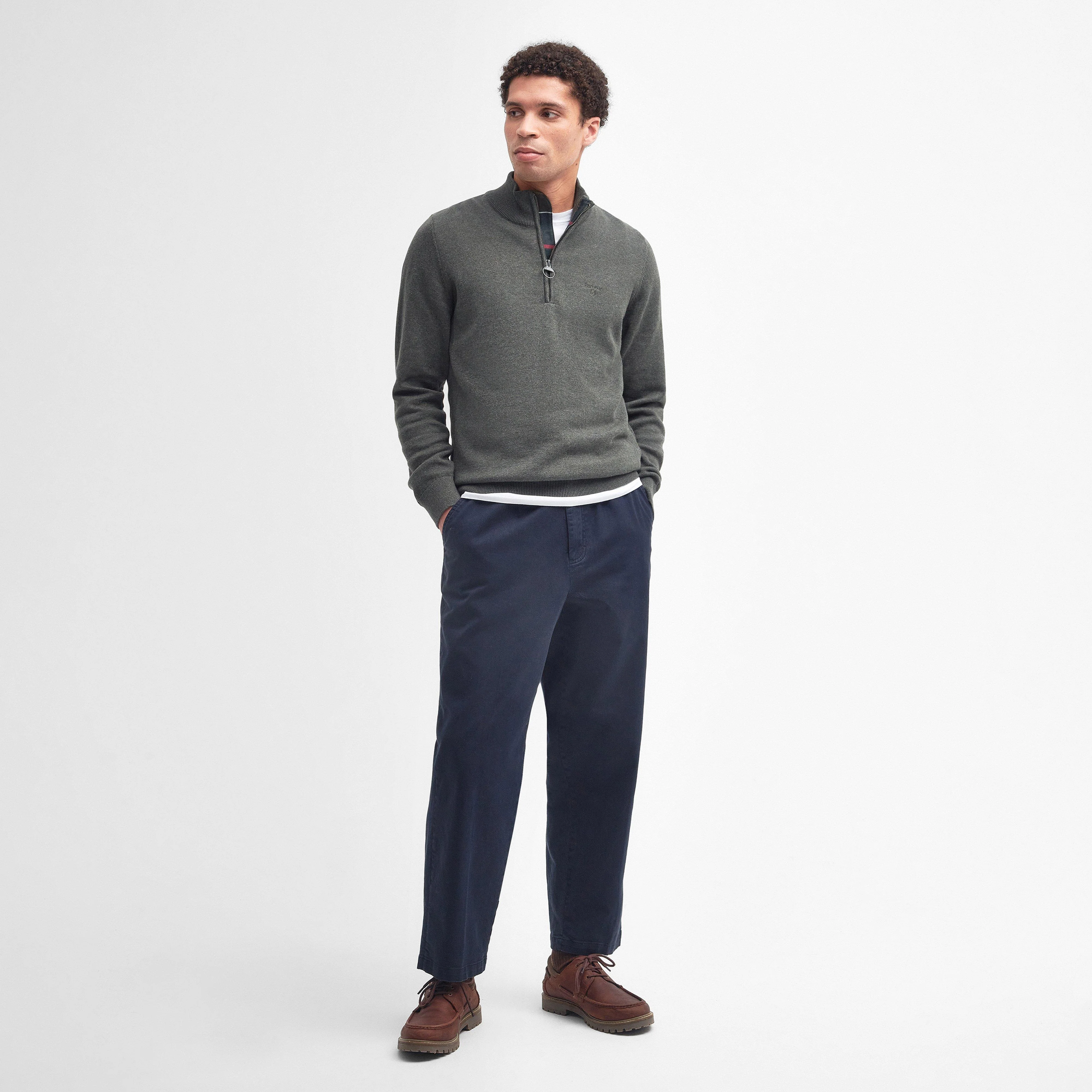 Mens Cotton Half Zip Knitted Jumper Olive Marl - Image 5