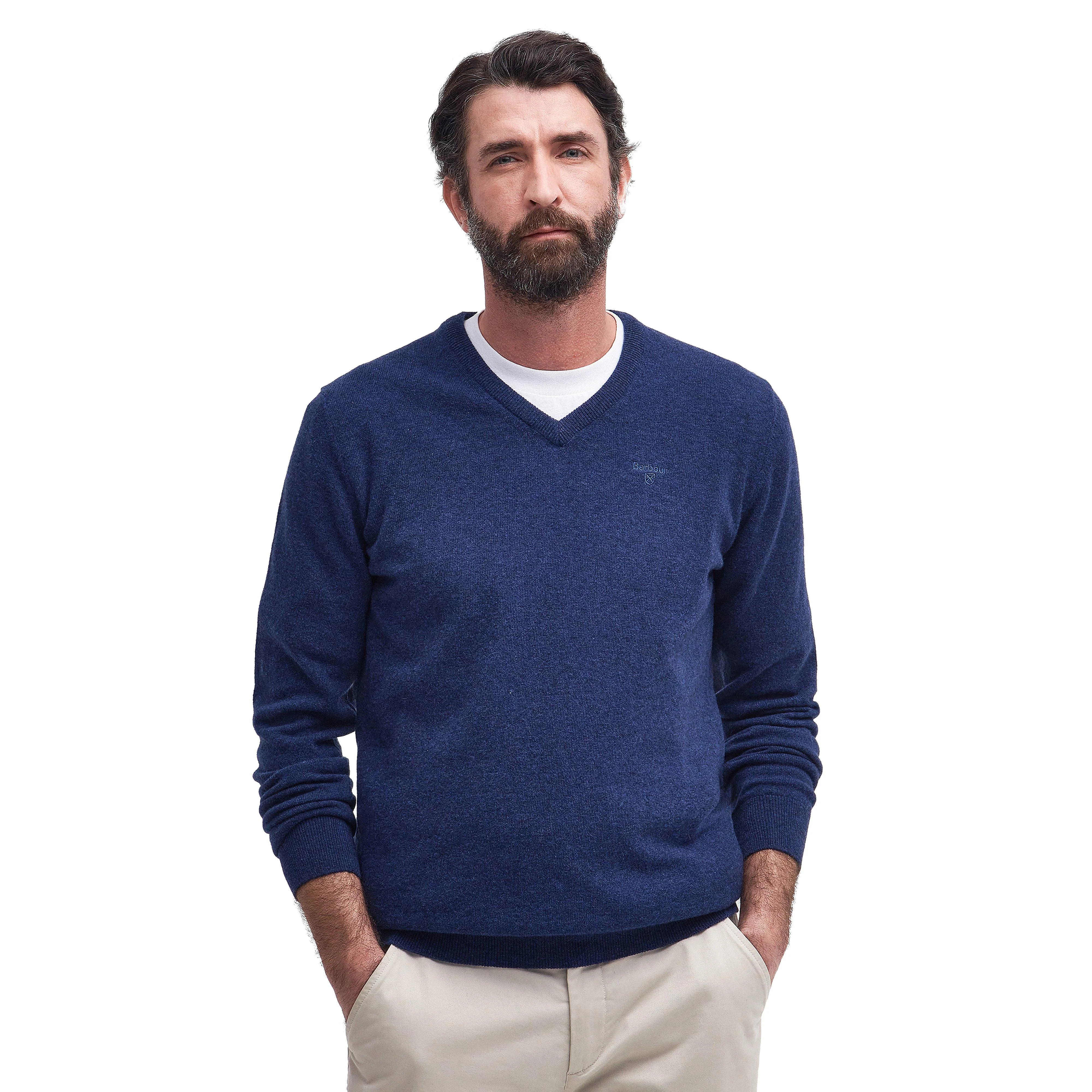 Mens Essential Lambswool V Neck Sweater Deep Blue - Image 7