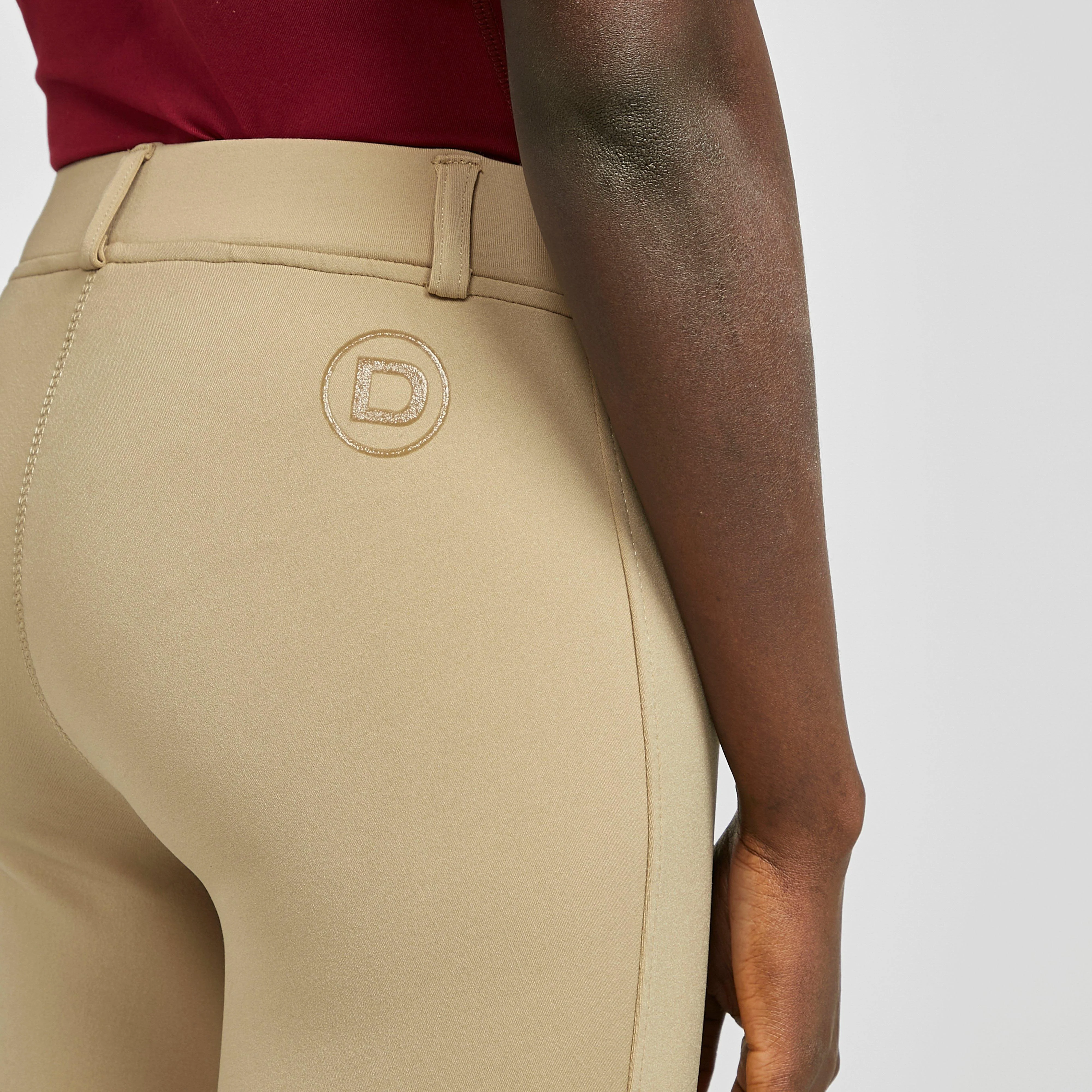 Womens Performance Flex Knee Patch Riding Tights Beige - Image 4