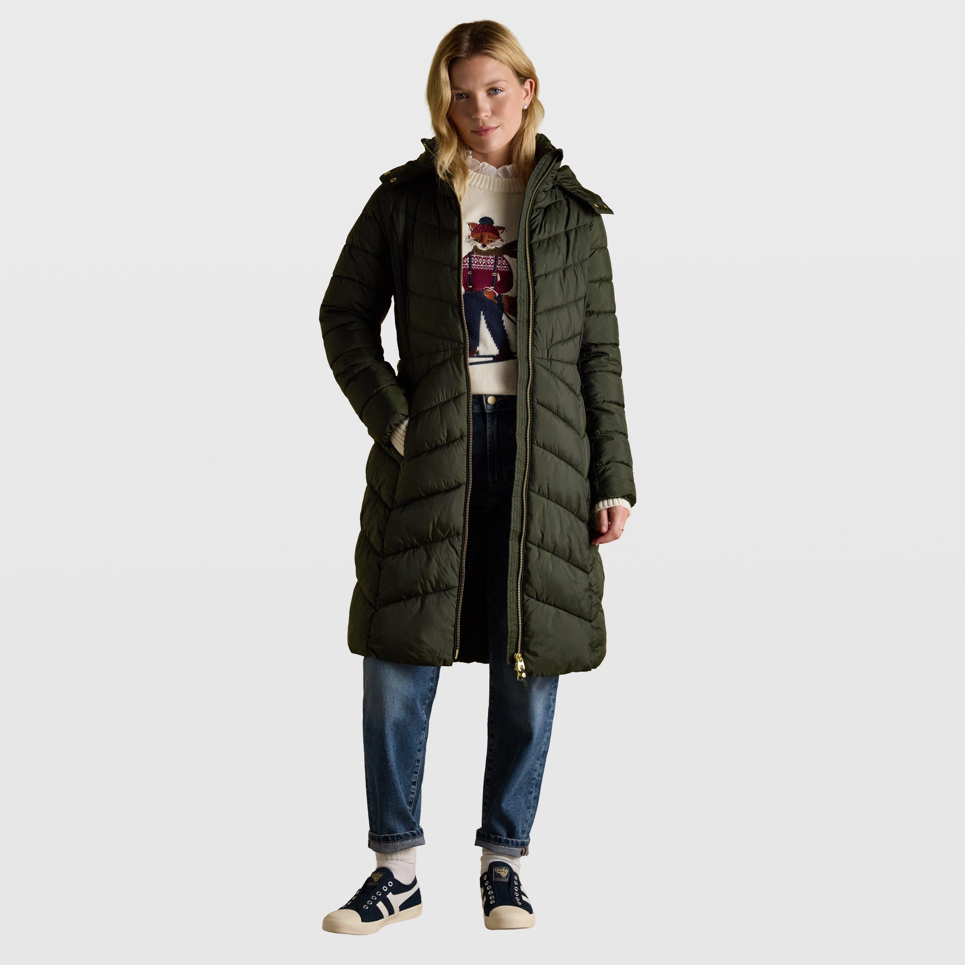 Womens Pembury Showerproof Longline Padded Coat With Hood Khaki - Image 9