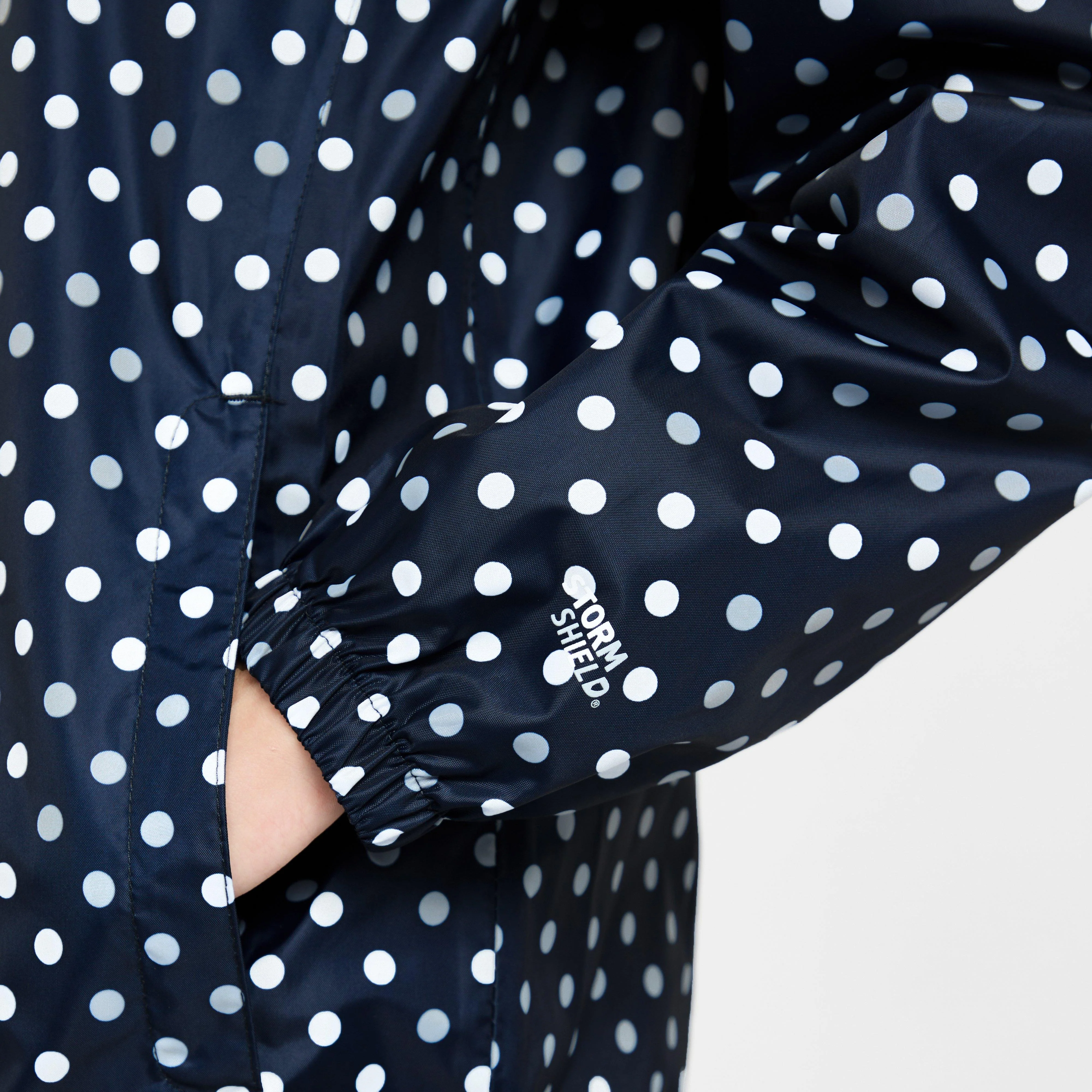 Kids Packable Waterproof Jacket Navy/White Polka Dot - Image 6