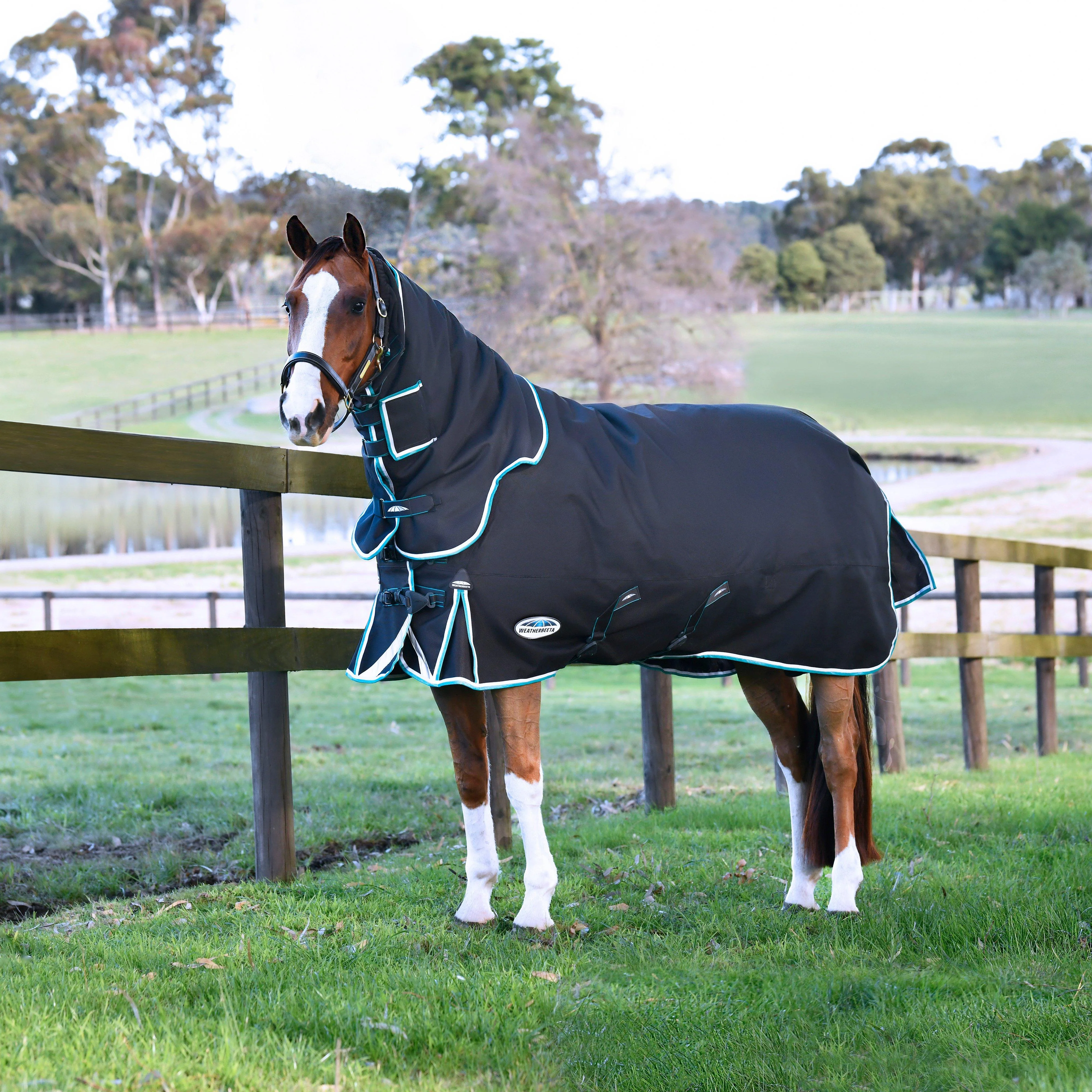 ComFiTec Ultra Comfi Detach-A-Neck 220g Mediumweight Turnout Rug Charcoal/Teal Blue/White - Image 6